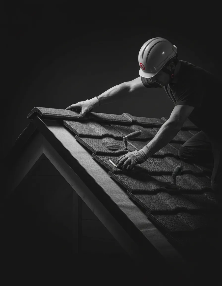 Professional monochrome image of expert roof work and repairs