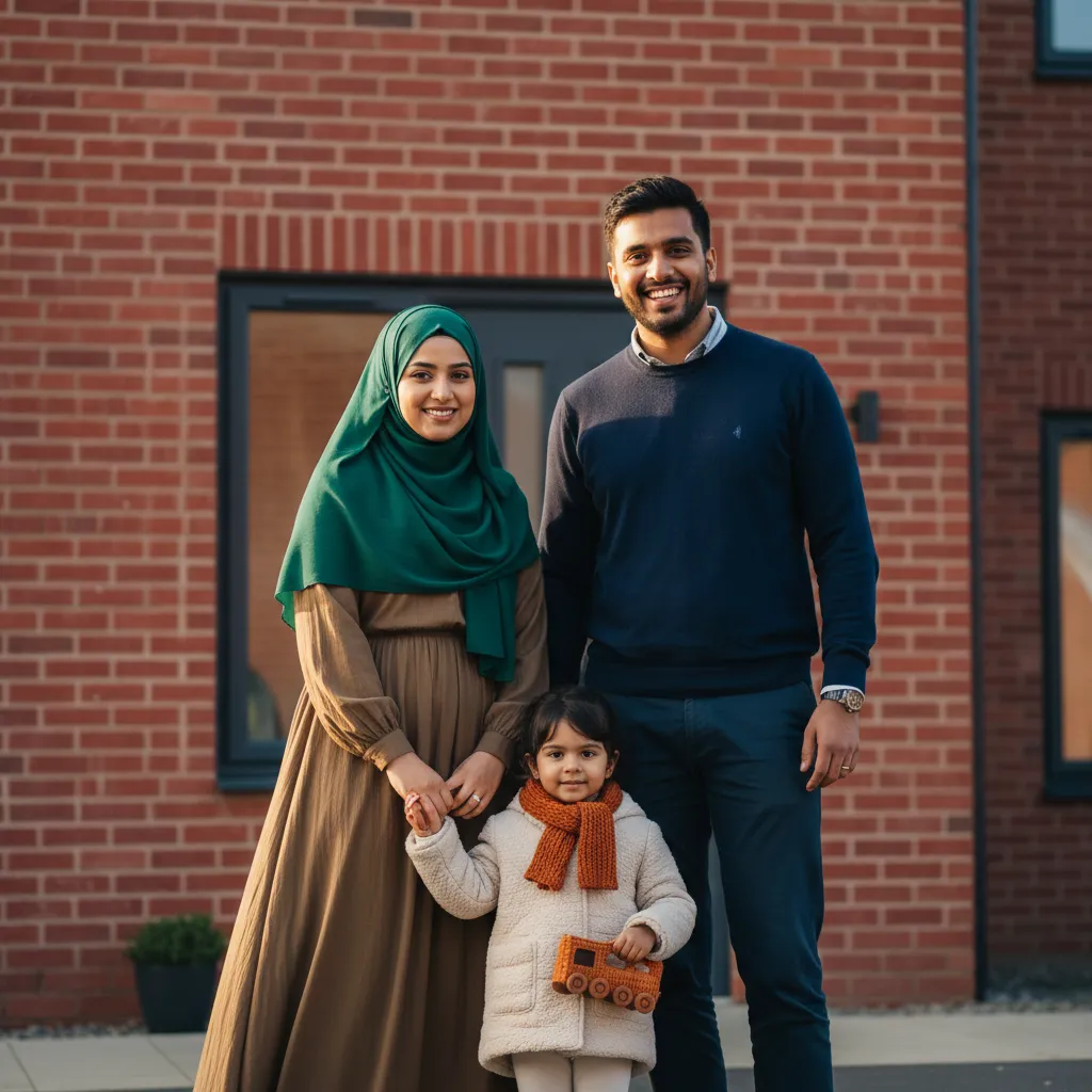 Happy UK Muslim family standing outside their new home