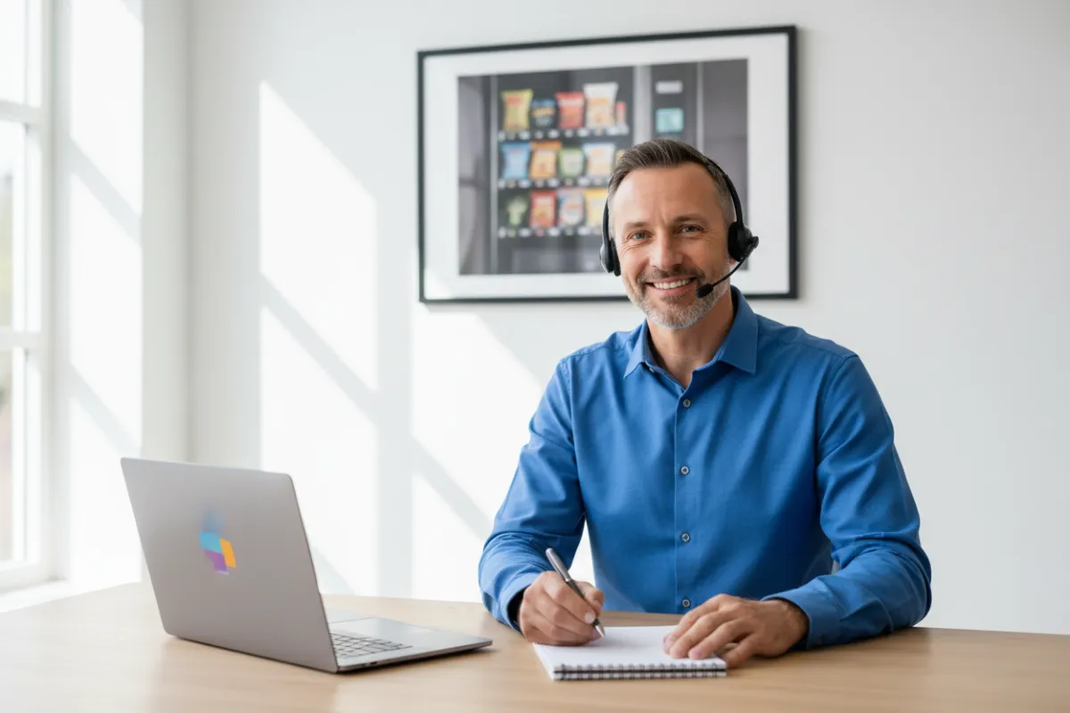 Modern office breakroom with vending machine and professionals