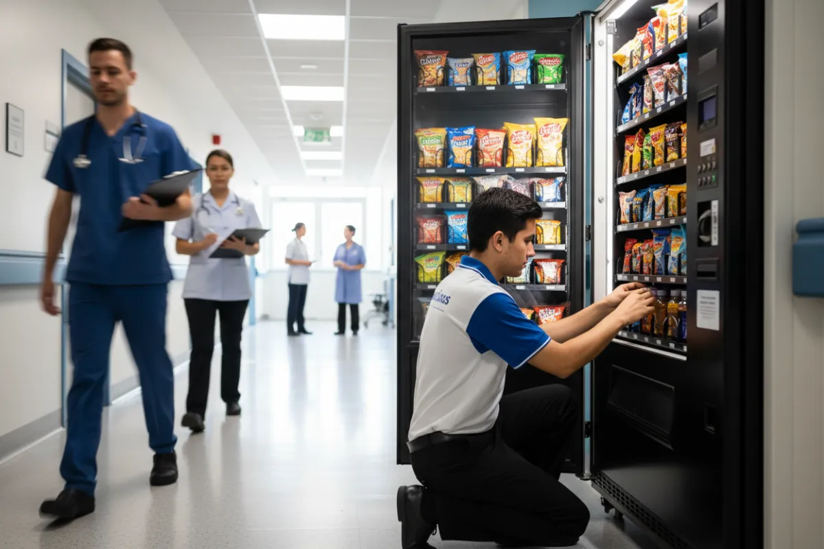 A Snack O'Licious staff member restocking a vending machine in a busy hospital corridor, carefully organizing snacks and drinks. The scene includes medical staff passing by, bright lighting, and a clean, organized environment, highlighting reliability and attention to detail.