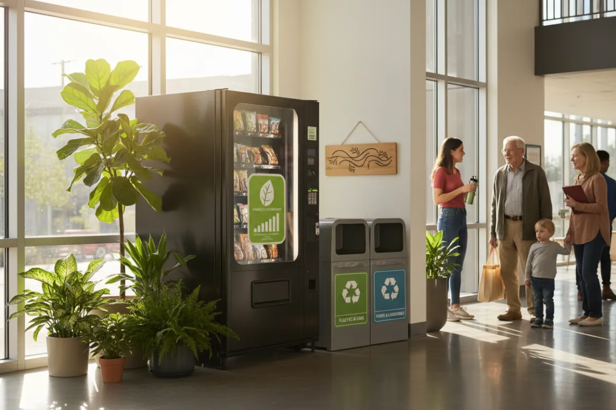 A Snack O'Licious vending machine with a green energy label, placed in a sunlit community center with plants and recycling bins nearby. The scene features natural light, eco-friendly signage, and diverse community members, emphasizing sustainability and environmental care.