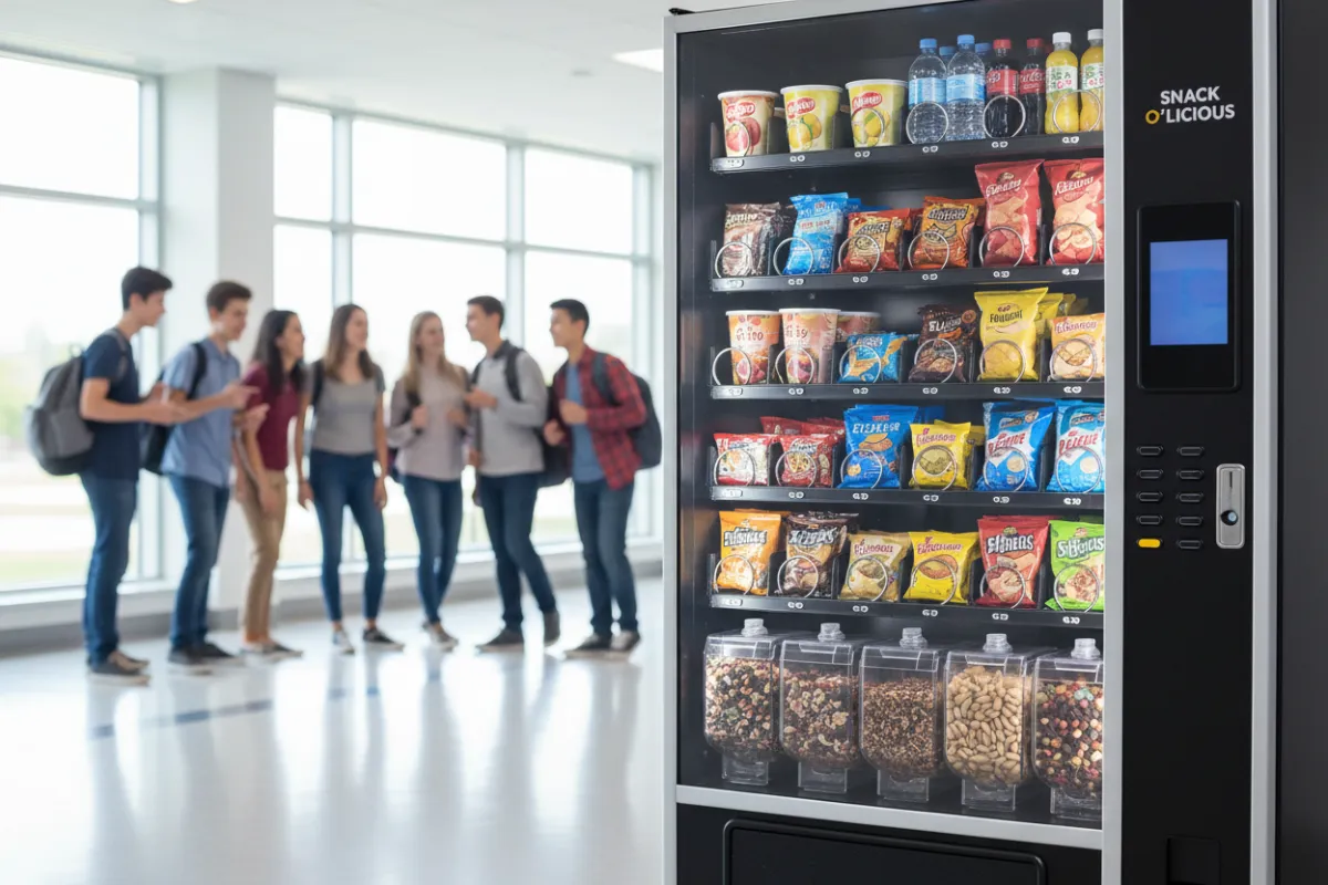 A close-up of a Snack O'Licious vending machine filled with a colorful assortment of snacks and drinks, including healthy and indulgent options. The machine is set in a modern school hallway, with students visible in the background, highlighting choice and inclusivity.