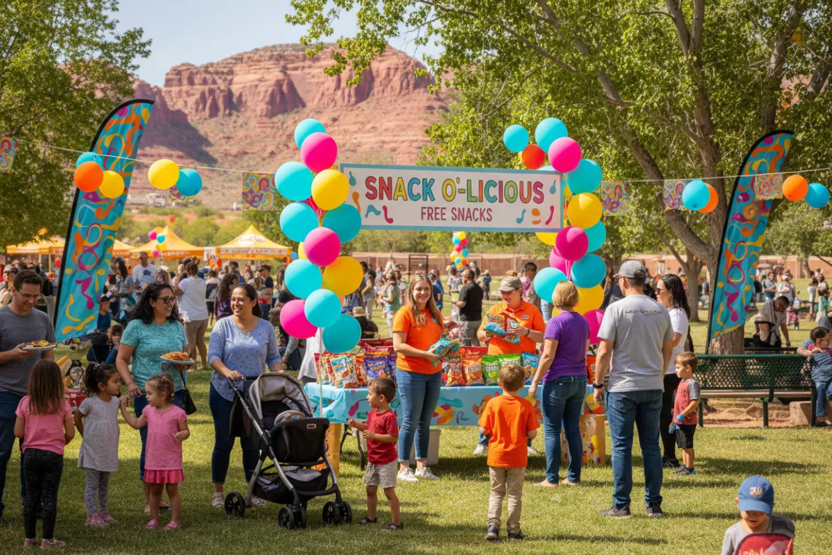 A vibrant community event in a Southern Utah park, with a Snack O'Licious booth offering free snacks. Families, children, and local business owners mingle under sunny skies, with banners and balloons creating a festive, inclusive atmosphere.