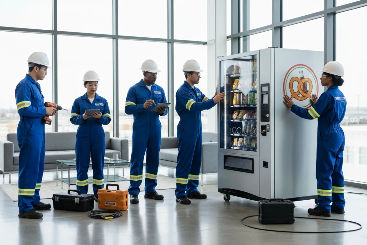 A diverse team of Snack O'Licious technicians installing a modern vending machine in a bright office lobby, using professional tools, with clear signage and safety gear. The background shows large windows and contemporary furniture, emphasizing efficiency and professionalism.