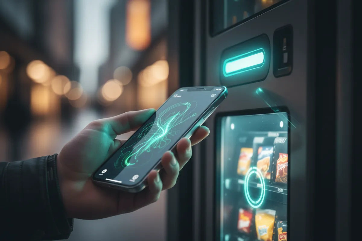 Close-up of a hand using a smartphone to make a contactless payment at a vending machine. The payment terminal glows, and the machine displays a digital interface. The background is softly blurred, focusing attention on the seamless transaction.