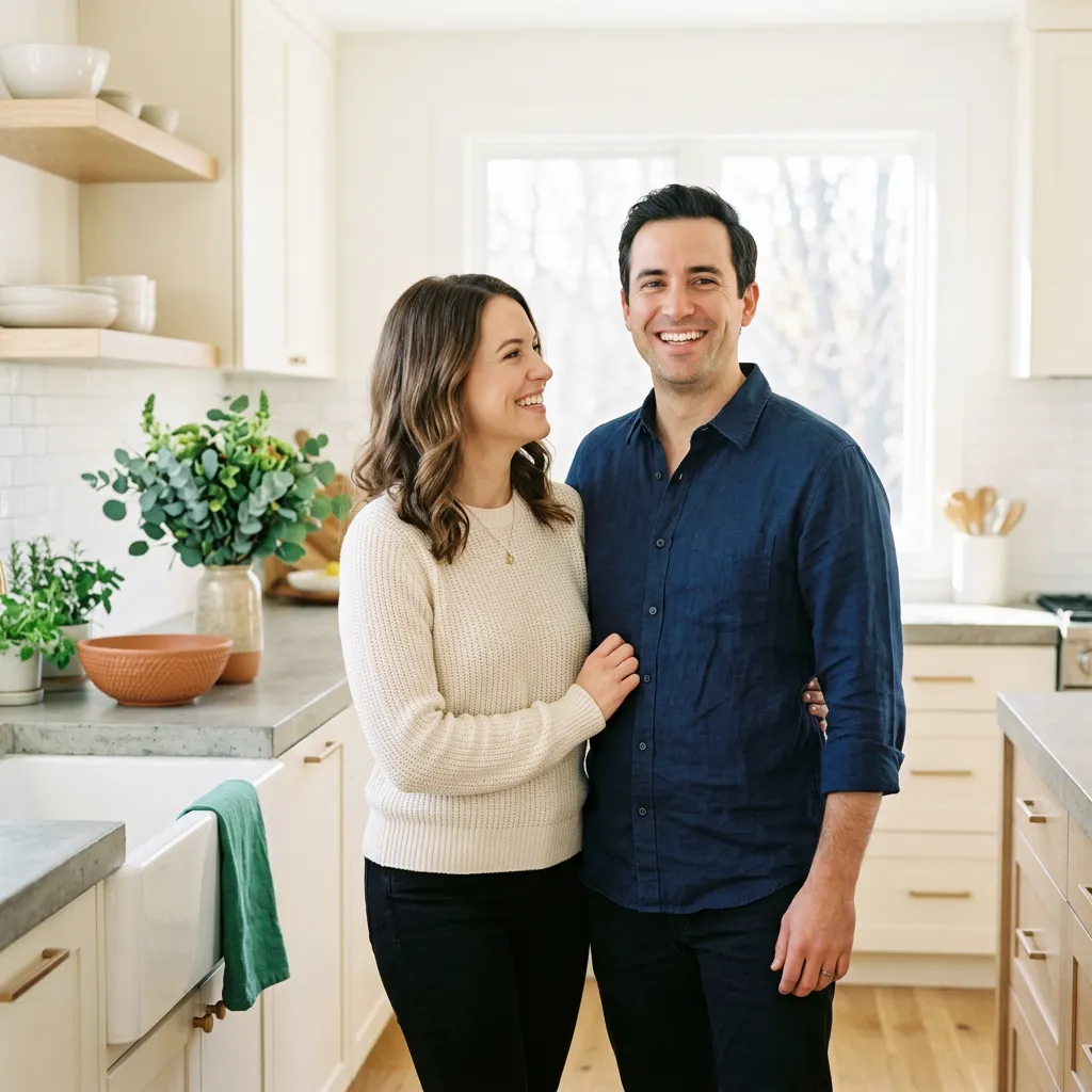 Smiling private investor couple standing in their sunlit Brisbane home