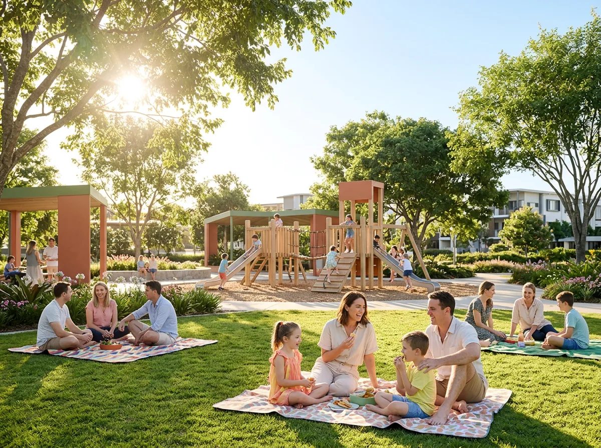 Sunlit Brisbane master-planned community park with families enjoying green open spaces