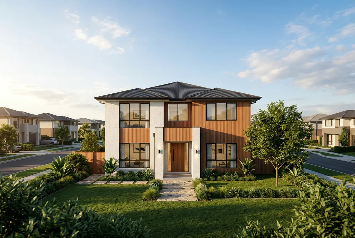Sunlit architectural modern family home render in North Lakes Brisbane masterplan