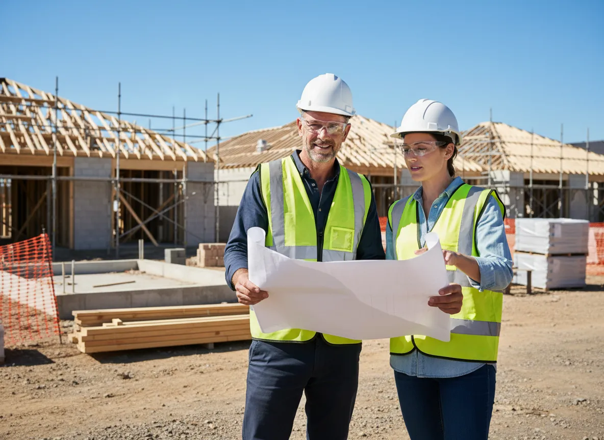 Top-rated builder reviewing architectural plans on a dynamic building site