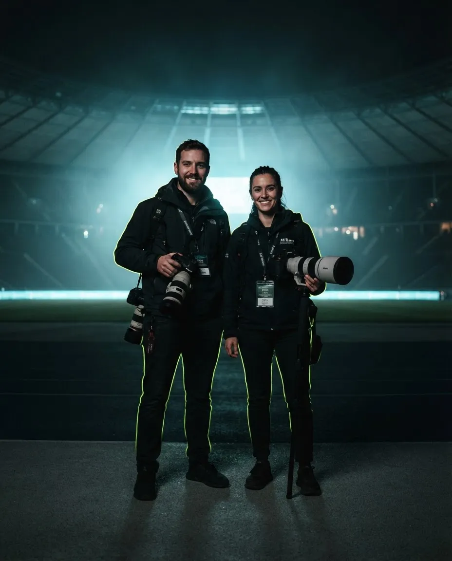 Brian and William, founders of Spotlight Sports Photography, standing together on-site with camera equipment in a dark cinematic stadium setting