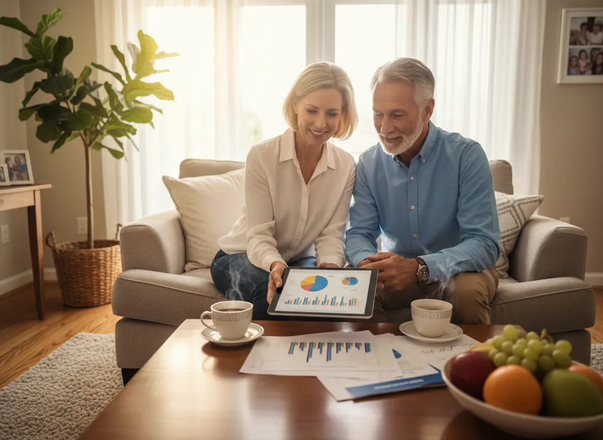 Retirement income planning discussion with couple reviewing documents