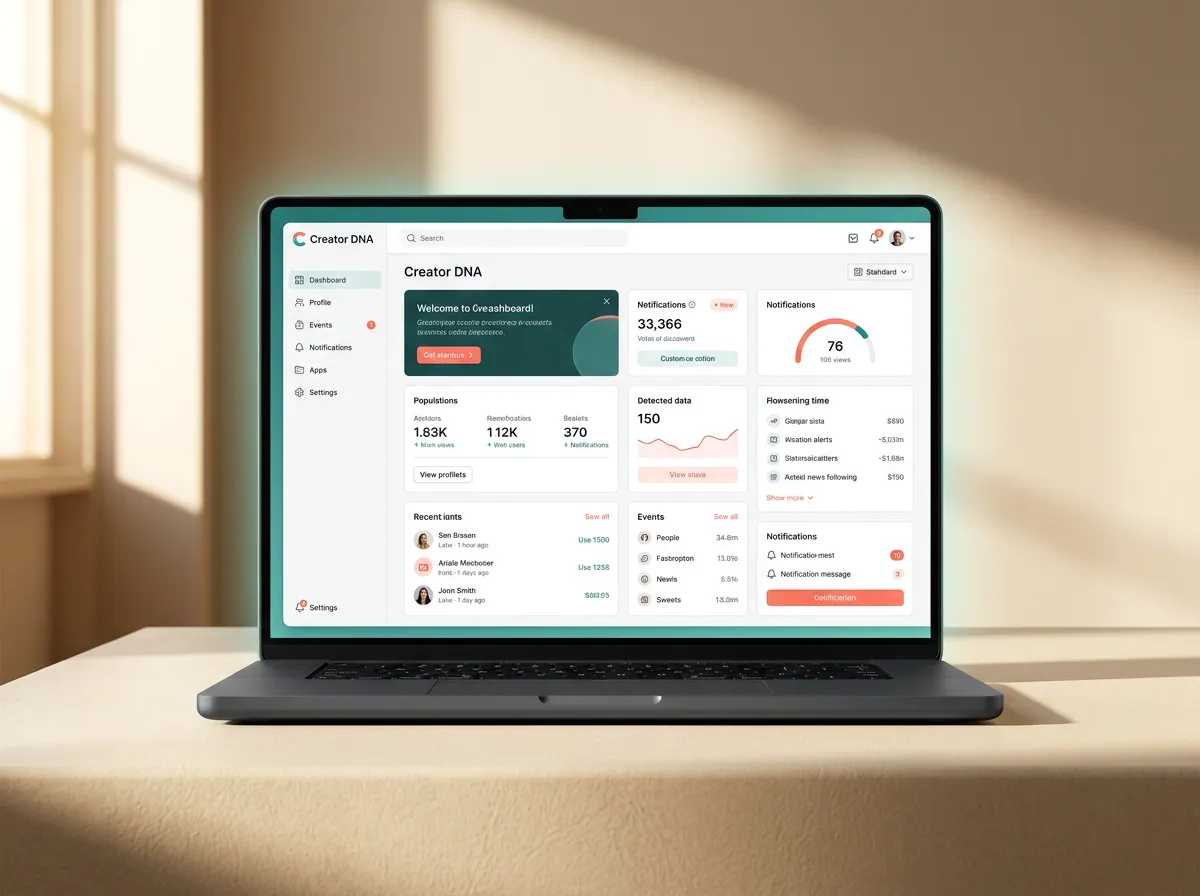Creator DNA Dashboard Mockup displaying My Voice, Target Niche, and Pitch Samples in a premium digital notebook workspace