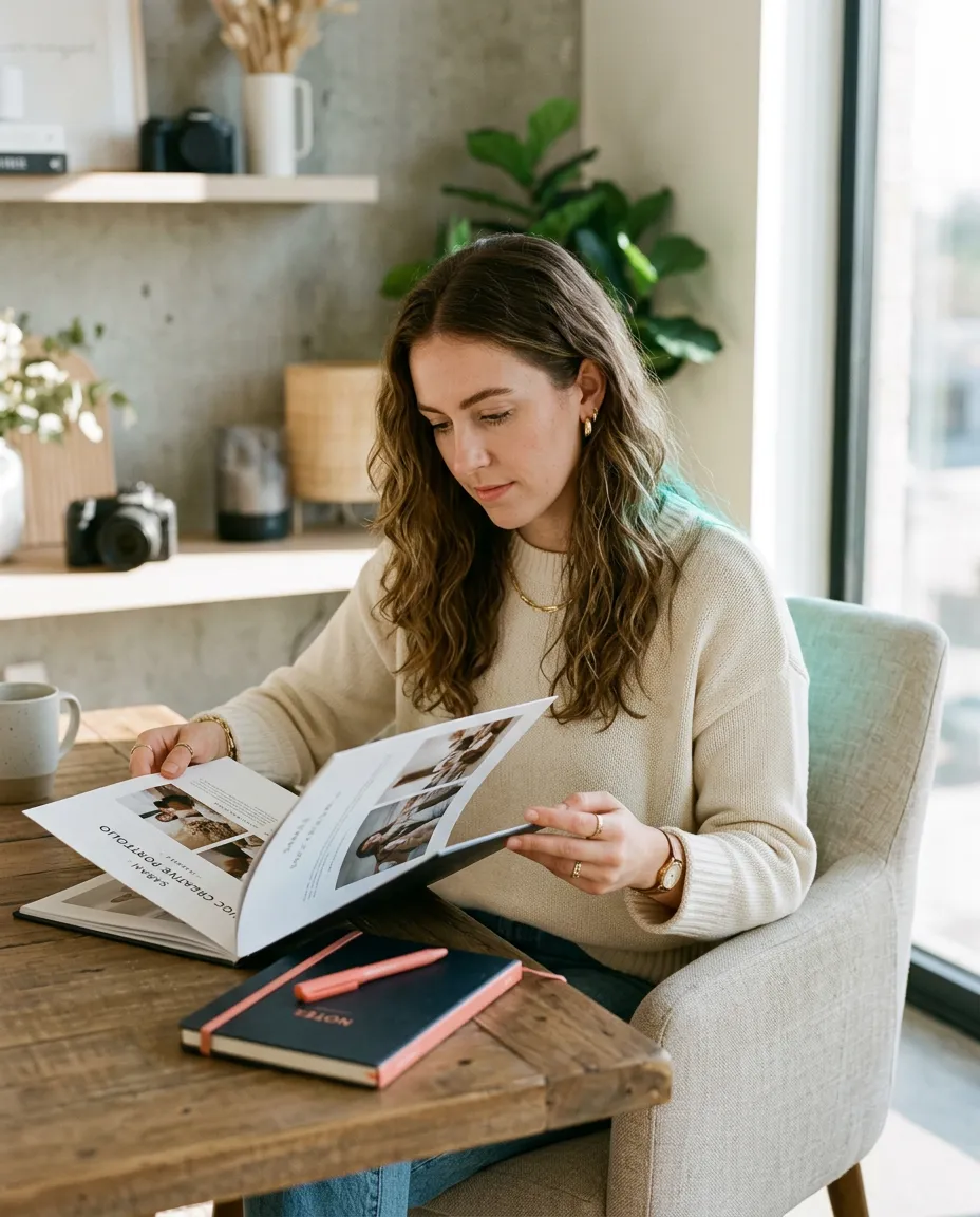 Intermediate creator reviewing brand collaboration portfolio in a bright workspace