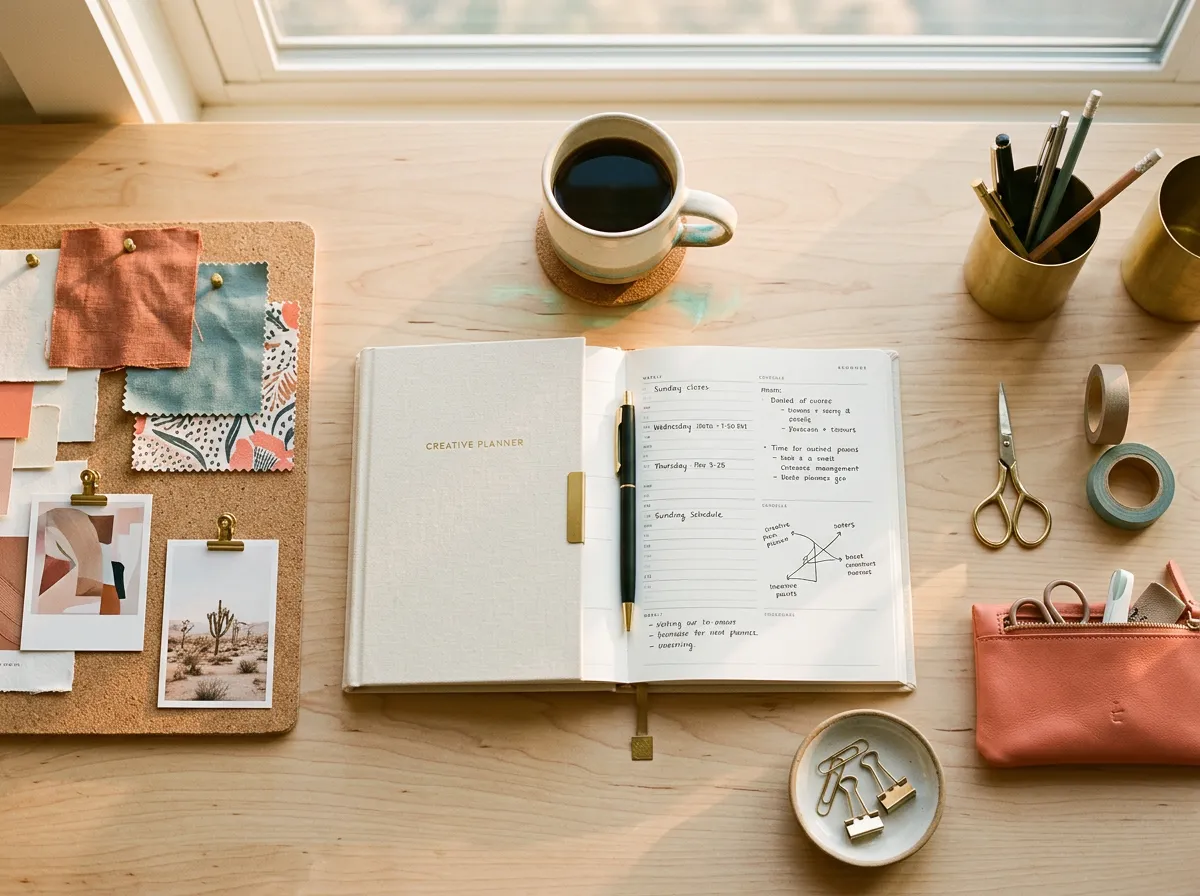 Warm lifestyle photography of an organized creator workspace with natural light, notebook, and clean setup
