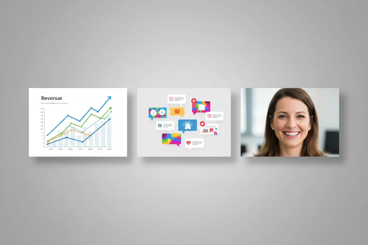 Testimonial montage with revenue charts, chat wins, and a smiling customer