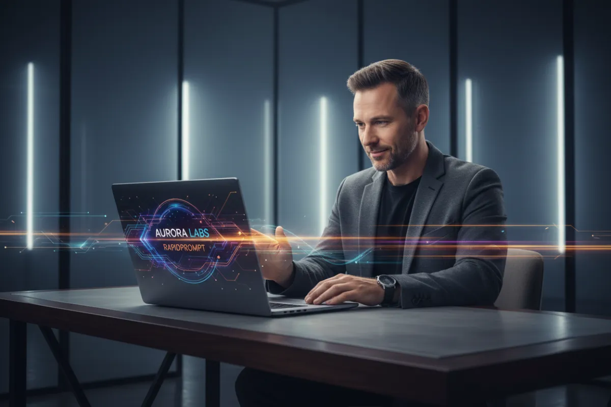 Entrepreneur at a modern desk using the RapidPrompt dashboard on a laptop.