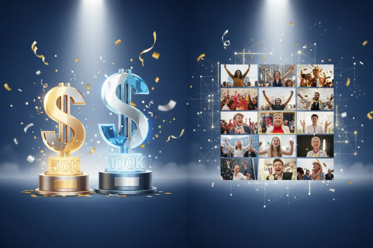 Awards collage showing $50k and $100k trophies with a mosaic of highlighted client videos.