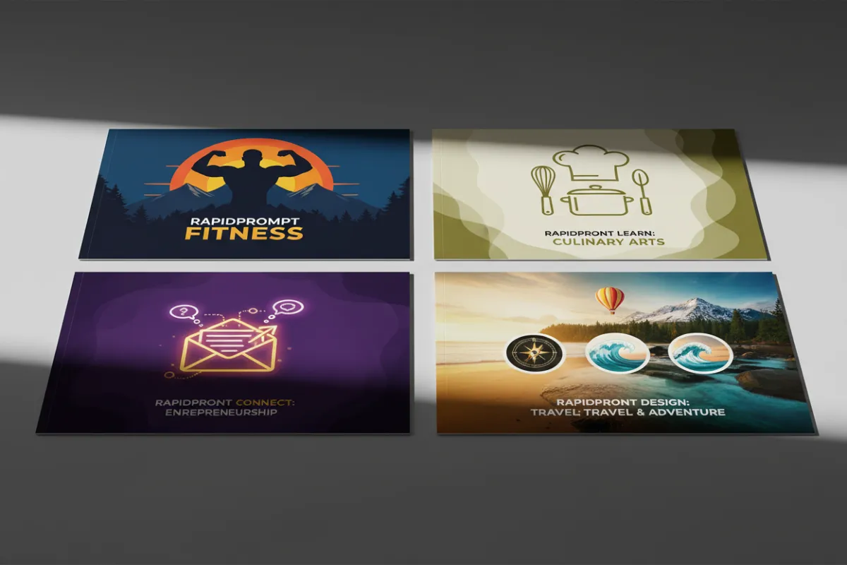 Collage of RapidPrompt outputs: fitness ebook, course module, email sequence and ad creatives across different niches.