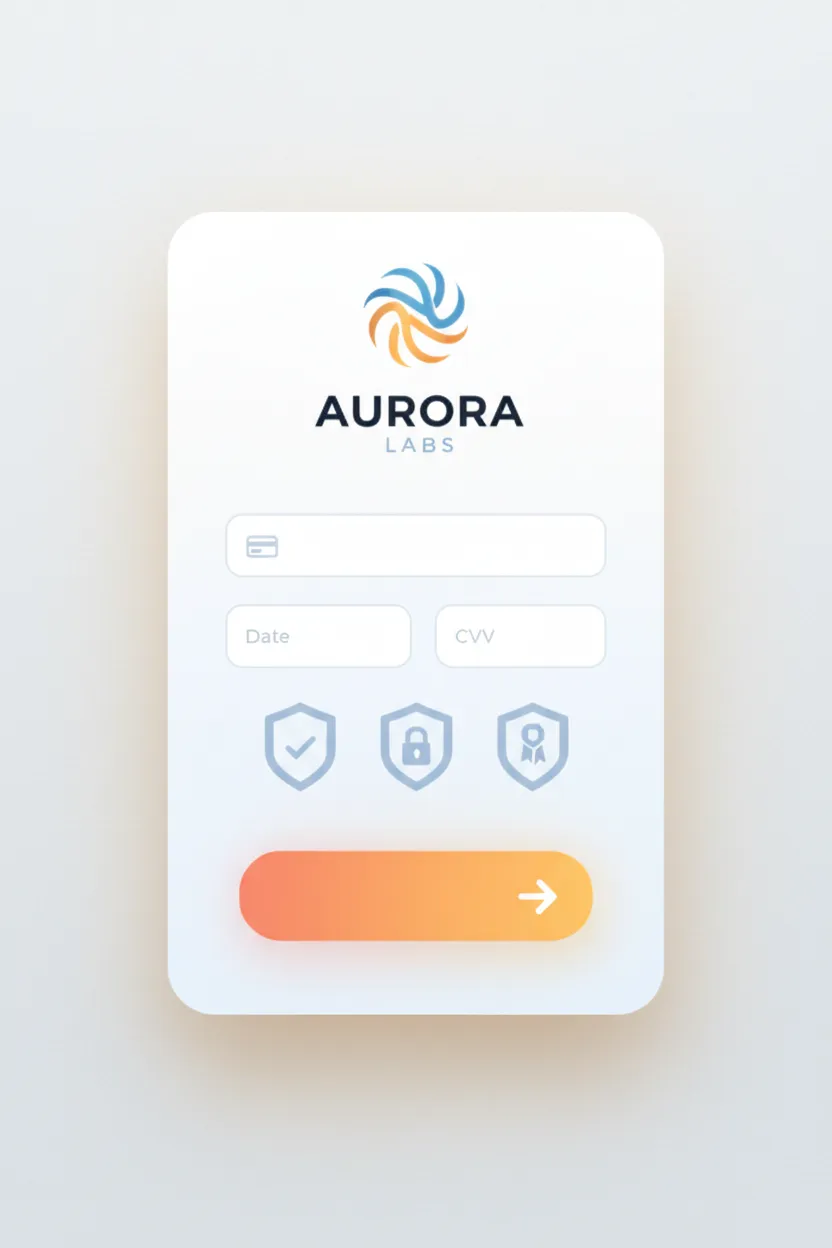 Checkout preview card for Aurora Labs with compact fields, trust badges and bright purchase CTA.