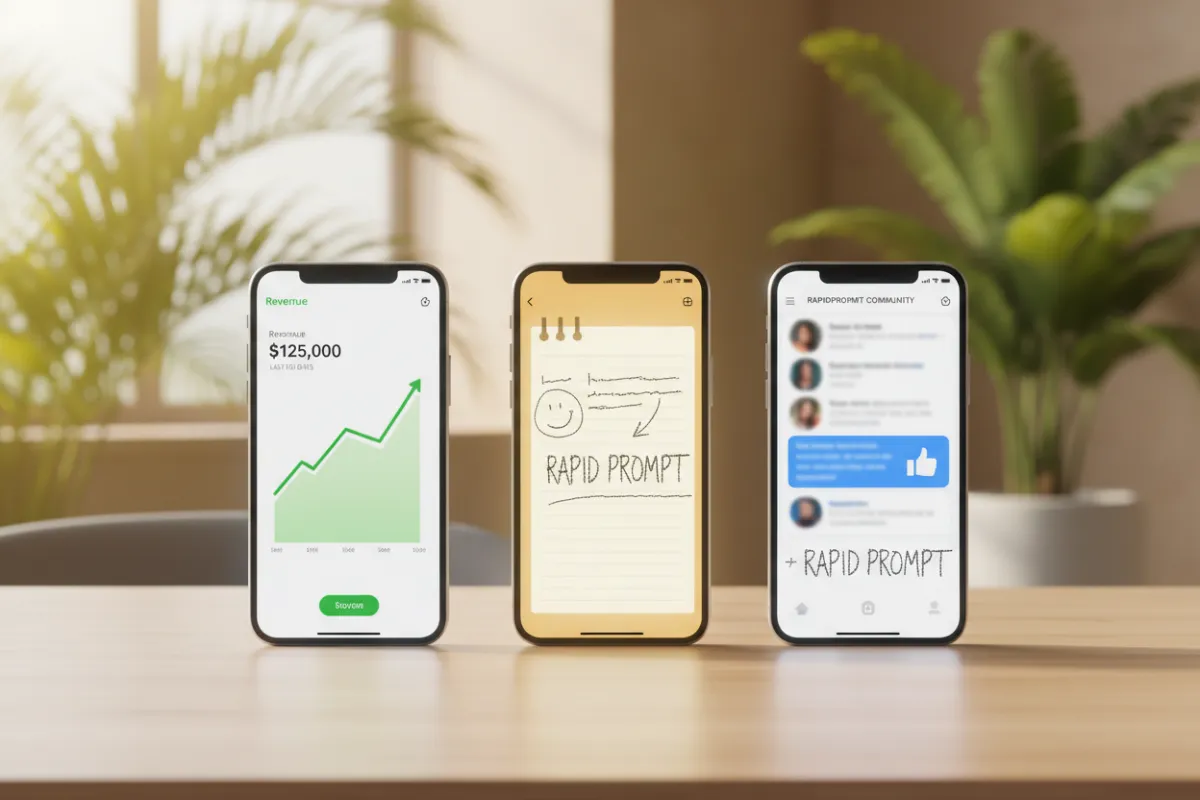 Horizontal trio of social-proof phone mockups showing revenue screenshots, user notes, and a community Slack highlight from RapidPrompt users.