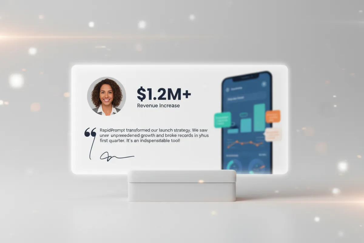 Testimonial card with revenue snapshot and customer story