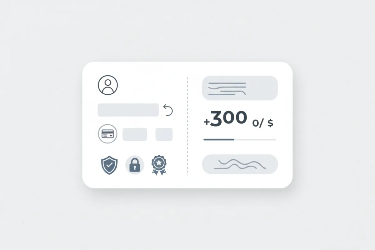 Two-step checkout form preview with trust badges and savings callout