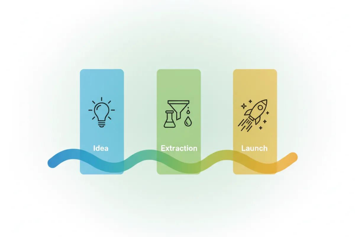 Infographic showing three pillars: Idea, Extraction, Launch