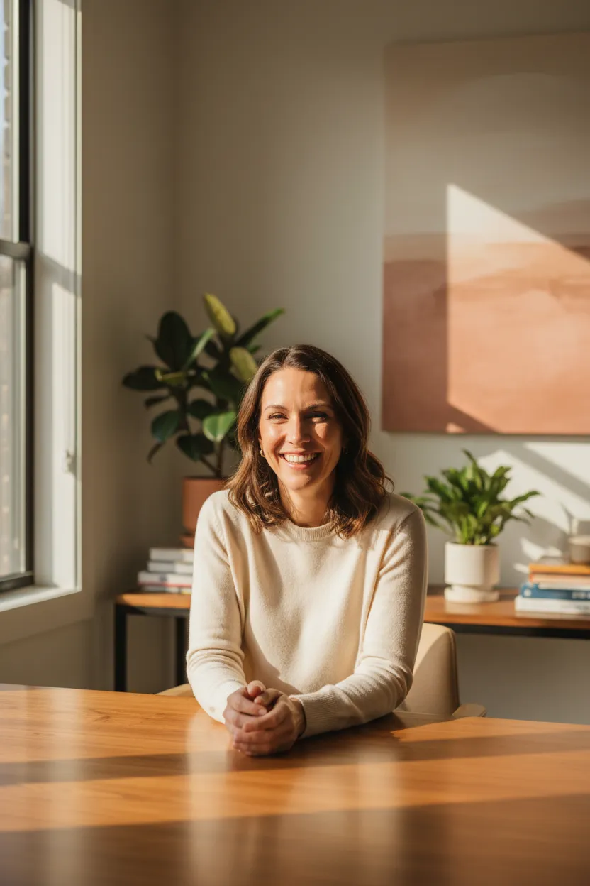 Smiling RapidPrompt customer in a bright home office, representing AI success.