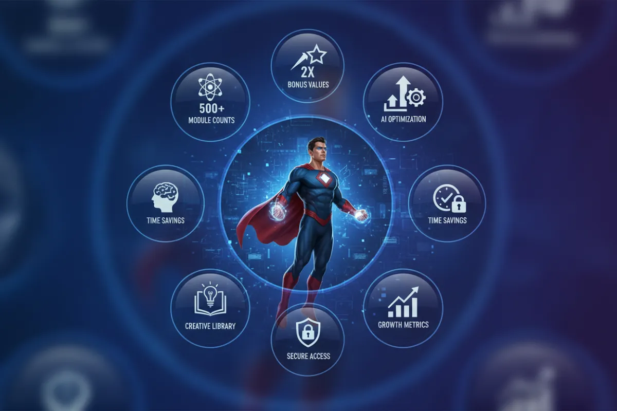 Full-width RapidPrompt System product collage with modules, bonuses, and mockups.