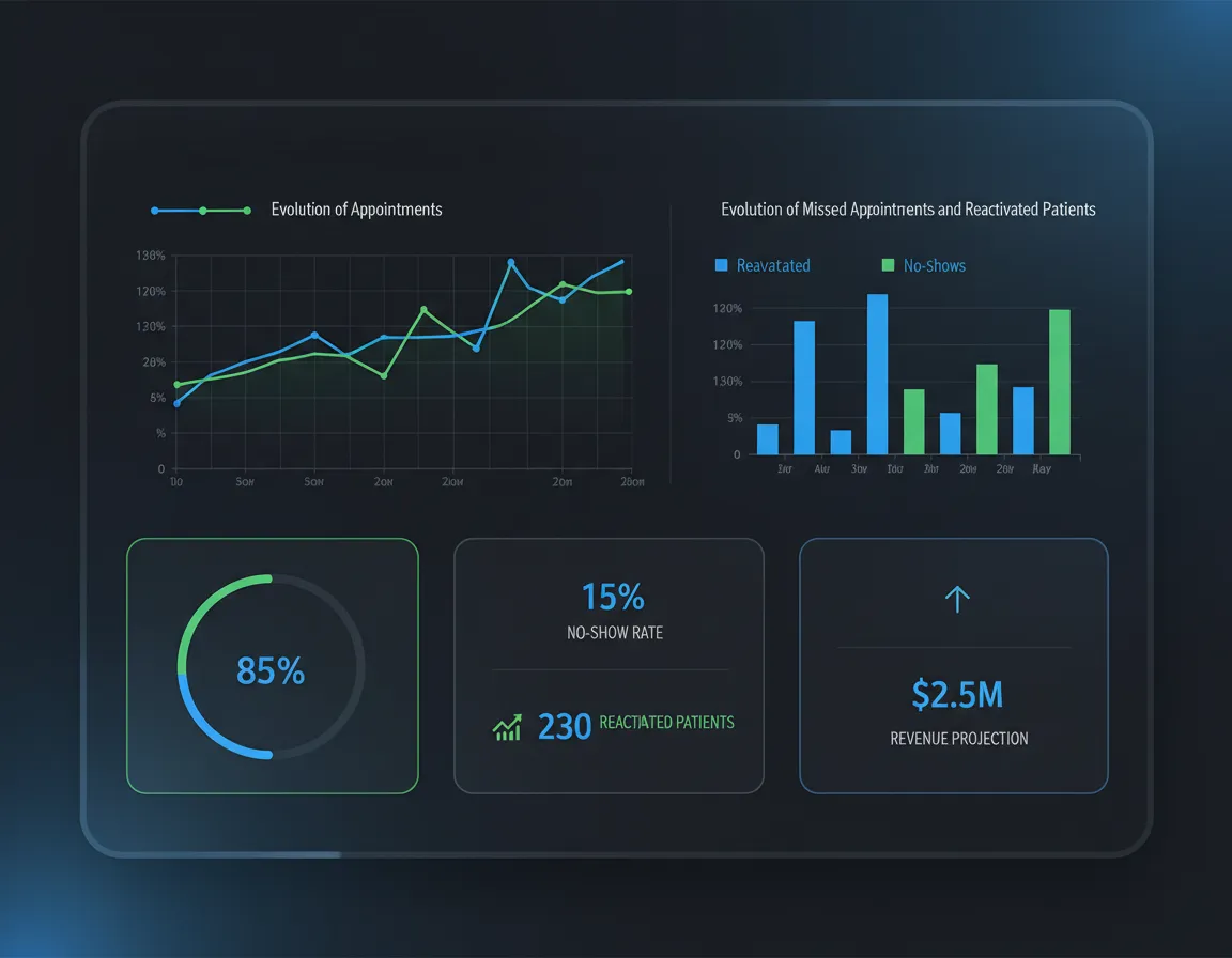 Dashboard de KPIs de citas médicas con IA mostrando indicadores clave