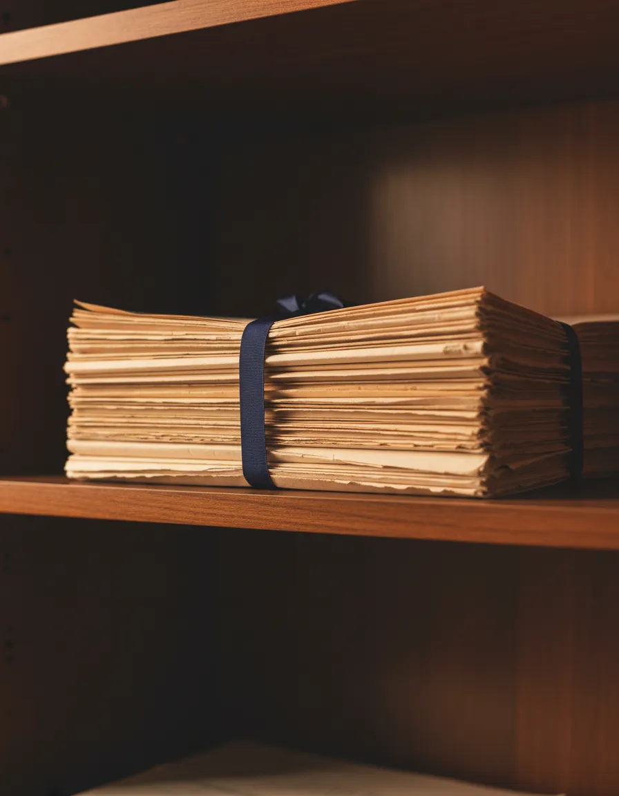 Archival paper documents in a cabinet