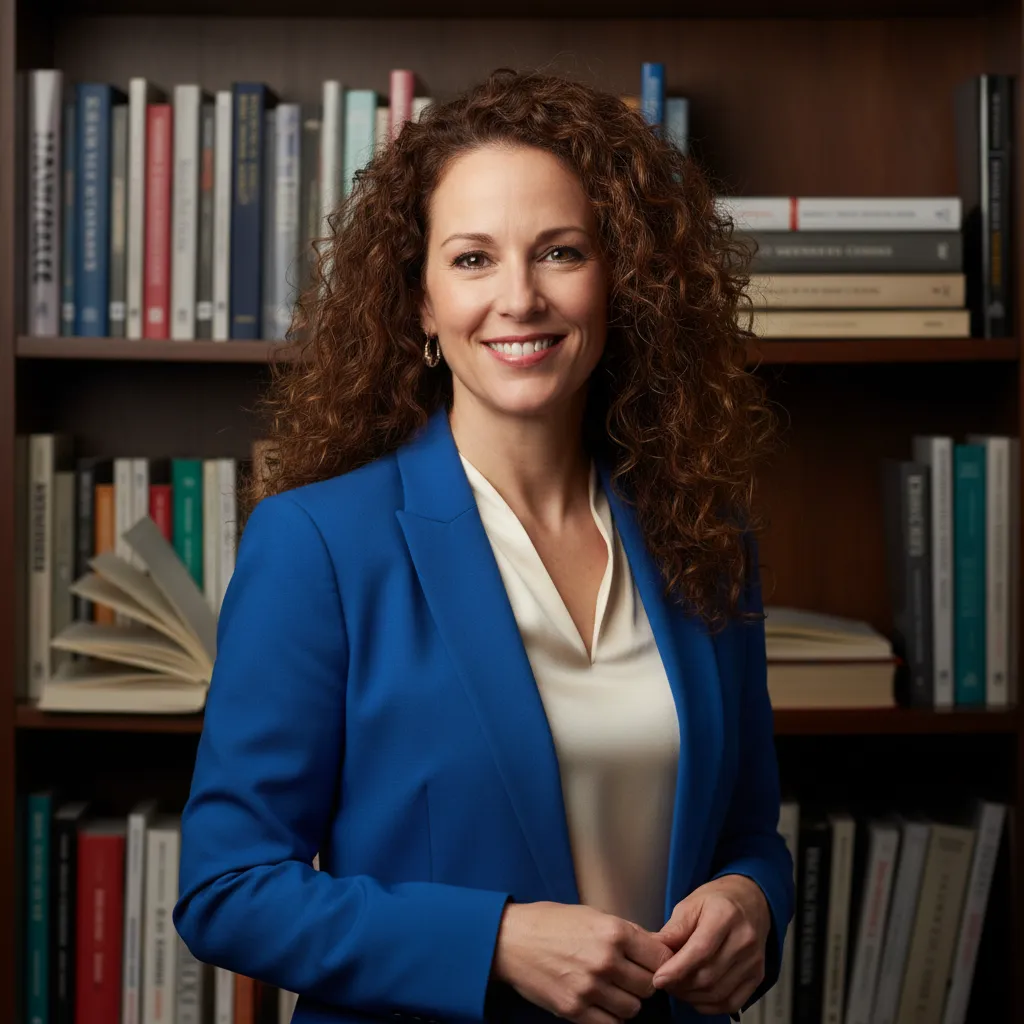 Portrait of a smiling woman in her 40s with curly hair, wearing a blue blazer, standing in front of a bookshelf filled with marketing books. The image conveys expertise, warmth, and professionalism.