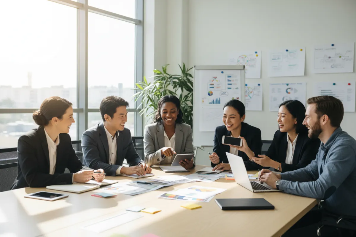 A diverse group of small business owners gathered around a table, reviewing marketing materials and digital devices, with bright natural light and a modern office background. The scene conveys collaboration, optimism, and professional energy.