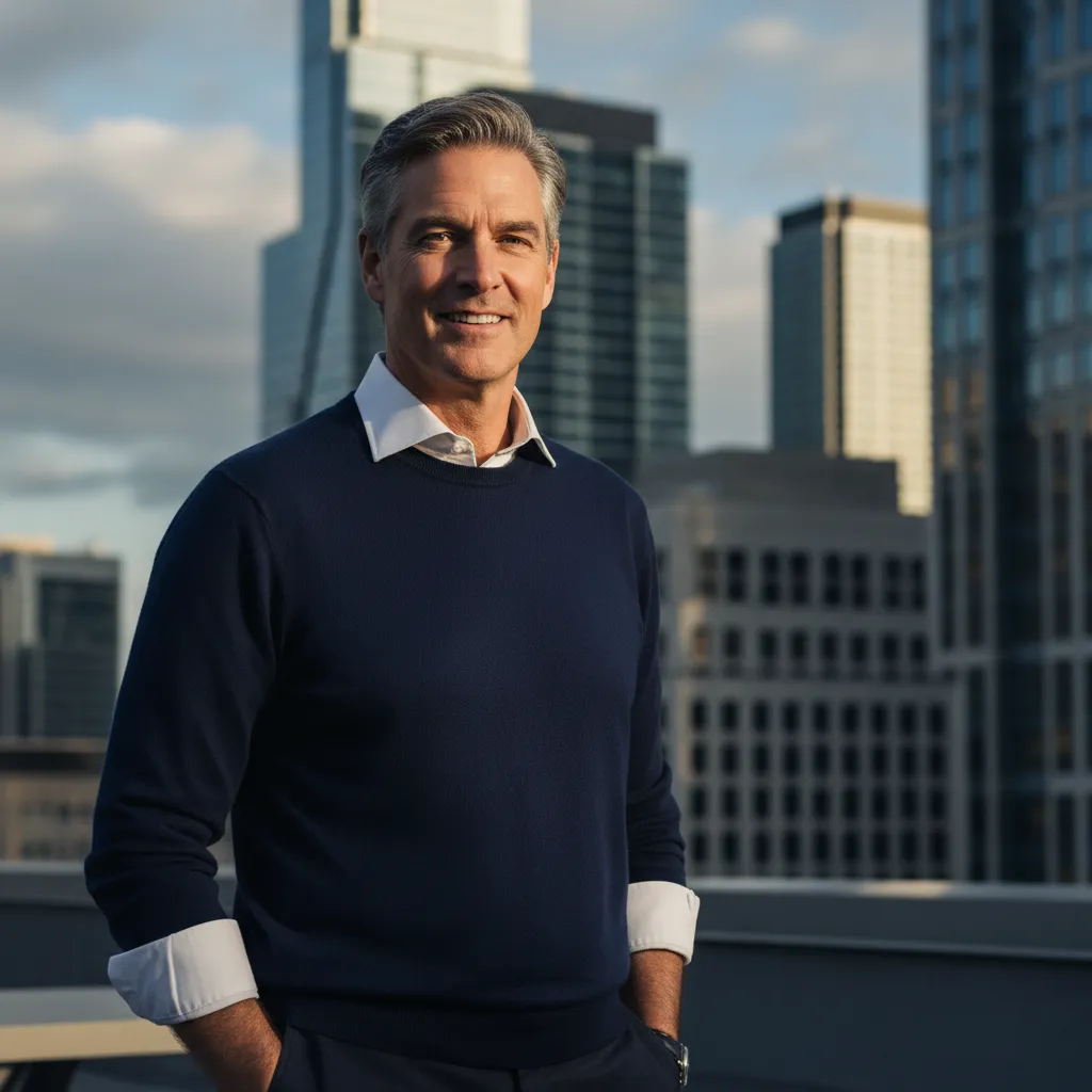 Portrait of a middle-aged man with salt-and-pepper hair, wearing a white shirt and navy sweater, standing outdoors with city buildings in the background. The image suggests experience, confidence, and urban energy.