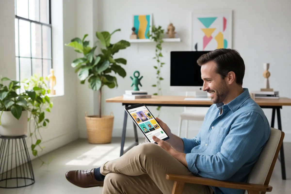 A cheerful man in his 30s, holding a tablet and reading an email newsletter in a bright, modern workspace with plants and creative decor. The image emphasizes digital engagement and a welcoming atmosphere.