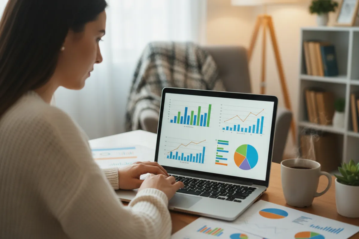 A close-up of a businesswoman analyzing marketing analytics on a laptop, surrounded by colorful charts and a cup of coffee, in a cozy home office. The image highlights focus, technology, and a personal workspace.
