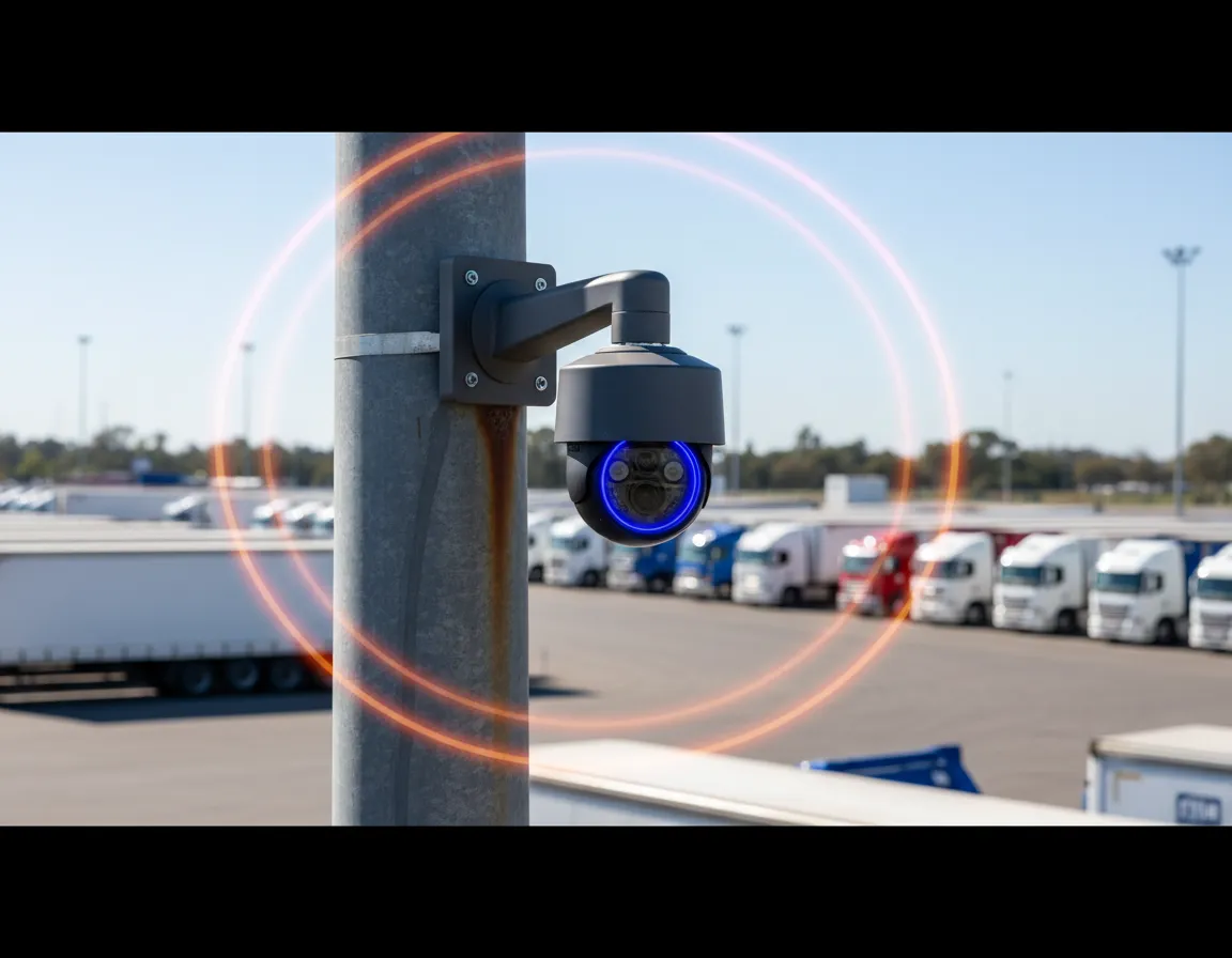 Secure truck parking facility showing surveillance cameras and robust fencing in Perth.