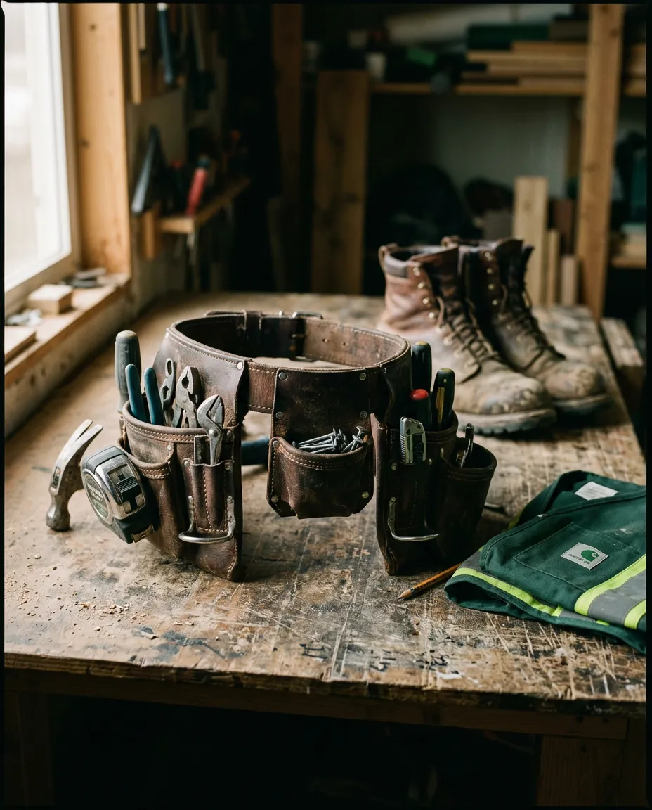 Heavy duty craftsman tool belt and rugged boots resting on an authentic job site