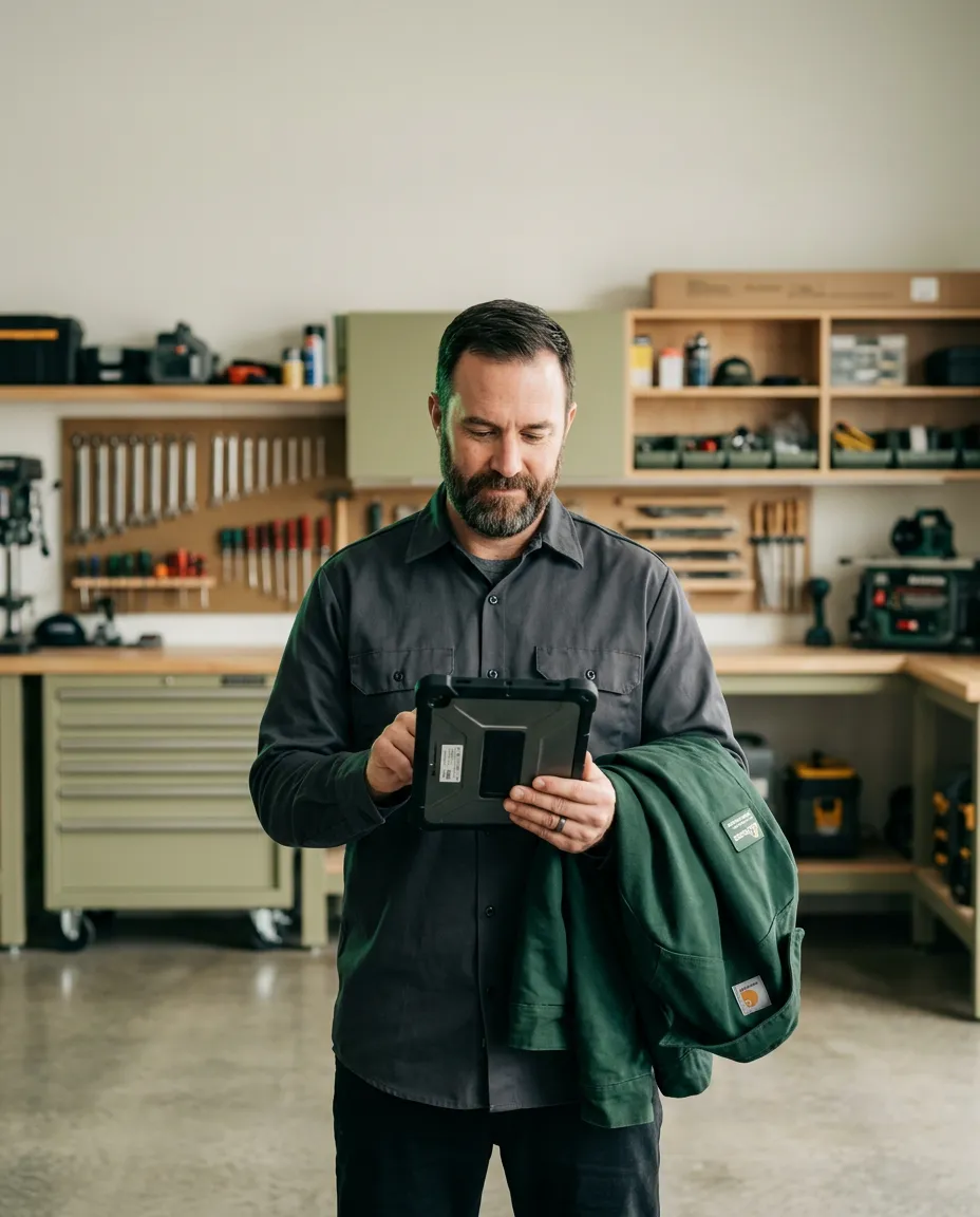 Local service business owner using practical digital tools in a clean workshop