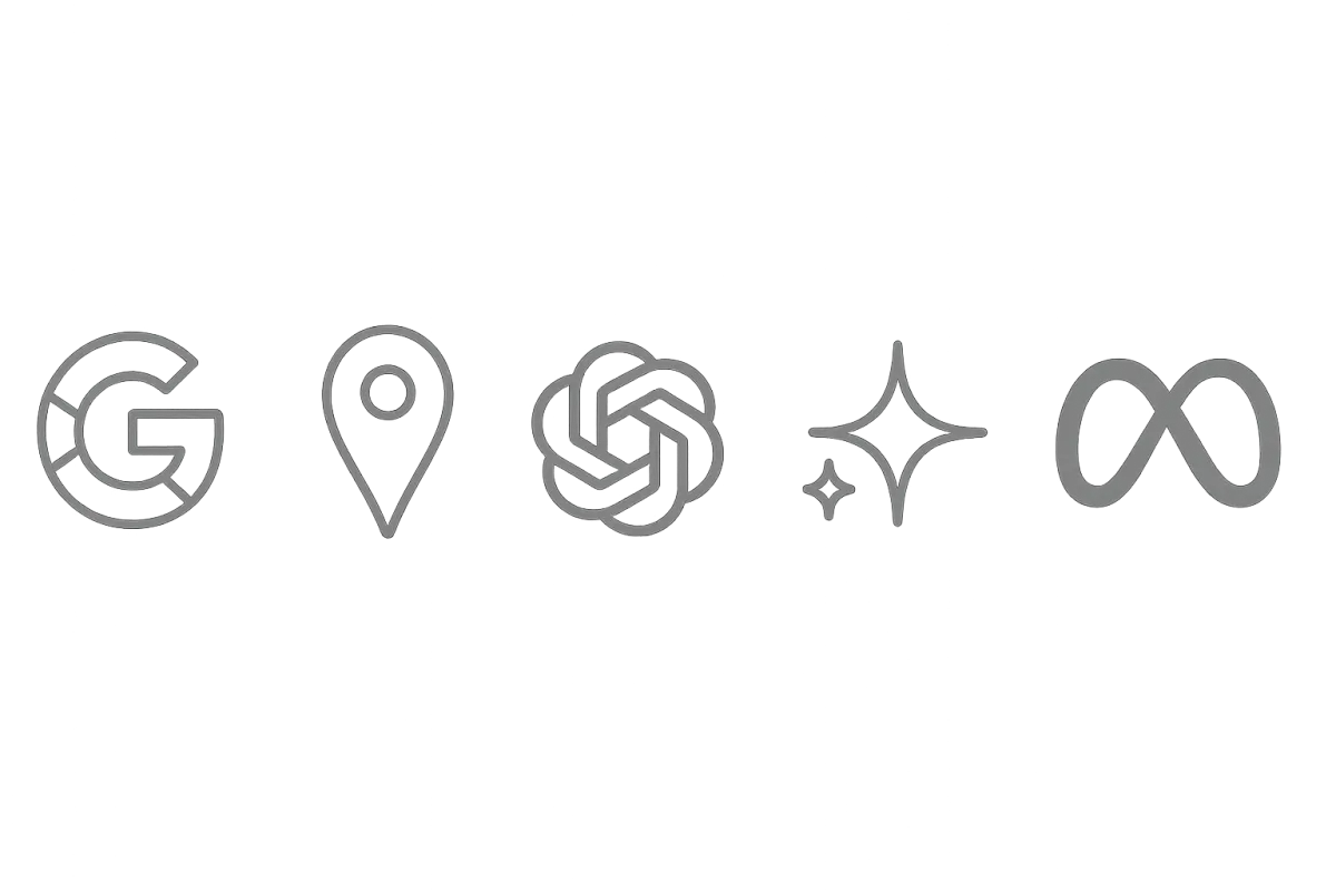 Logo’s van kanalen waar je klant zoekt: Google, Maps en AI-platforms