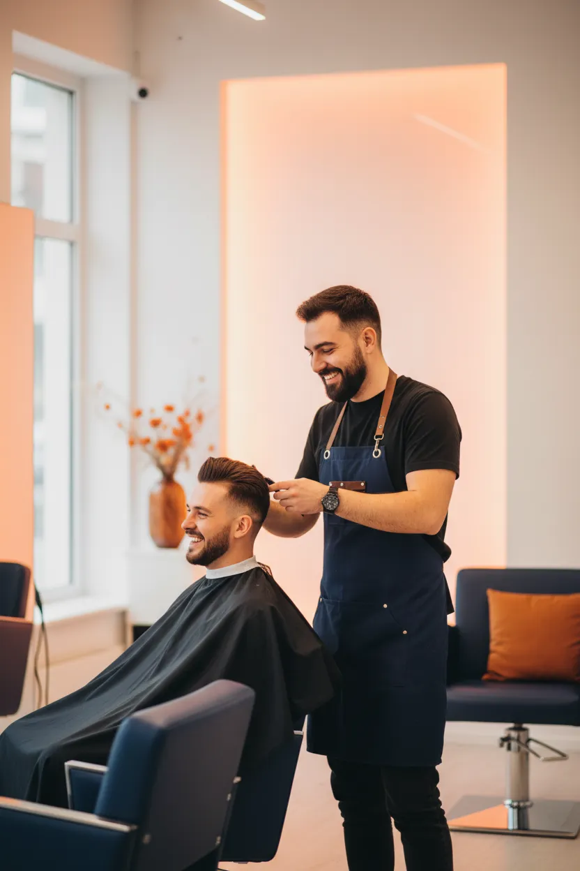 Relaxte ondernemer aan het werk met klanten zonder marketing stress