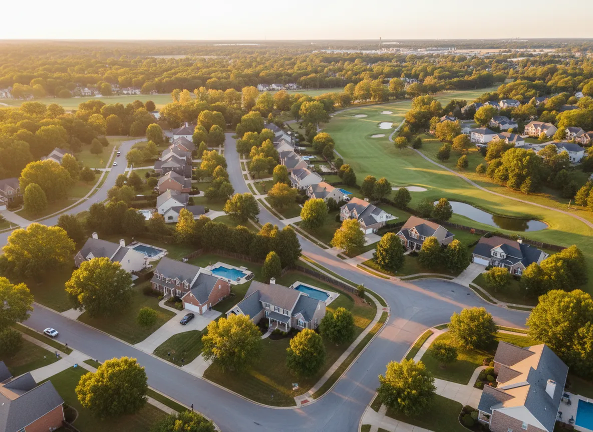 Aerial view of Fort Mill, SC neighborhood near downtown with homes financed by mortgage lender Sarah Hebb