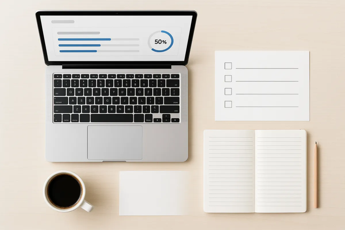 Modern clean flat-lay of course materials on a light wood desk