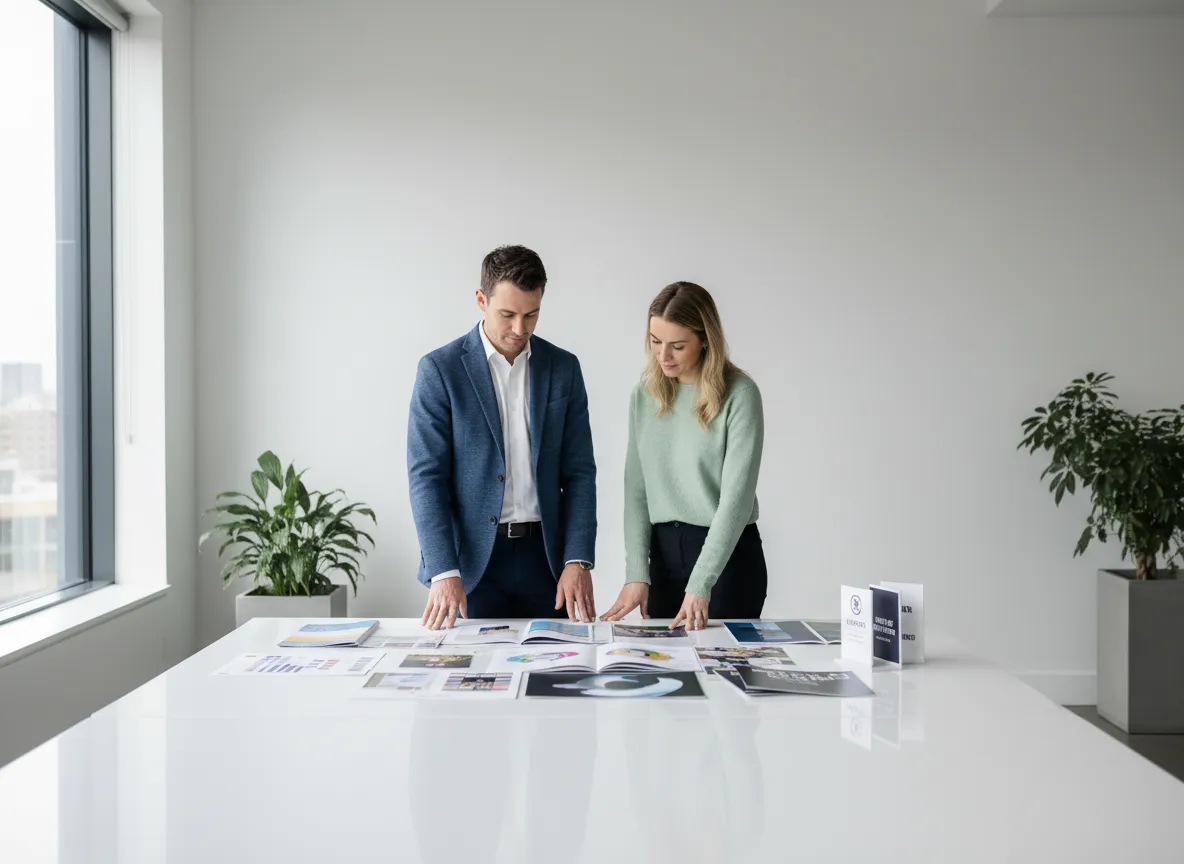 Print and design team reviewing proofs and samples