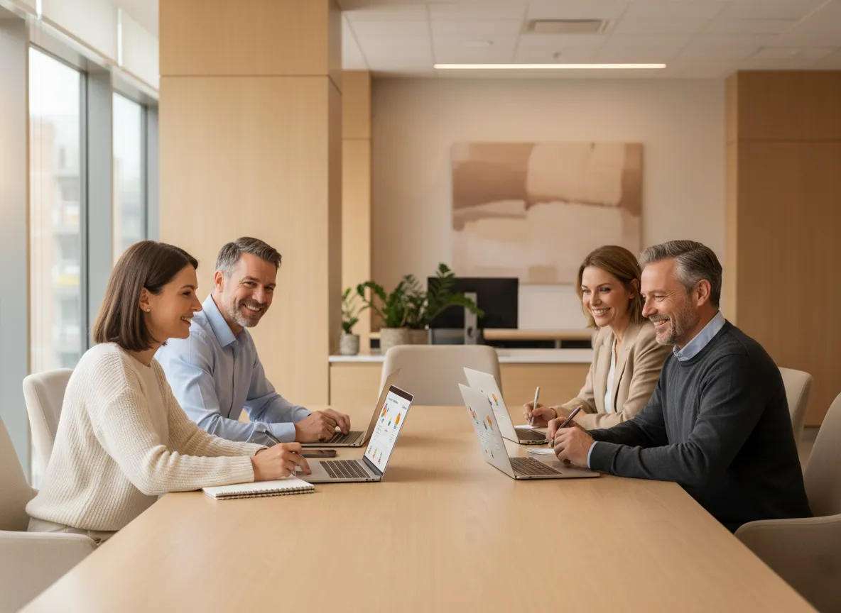 Professionals learning online with laptops and notebooks
