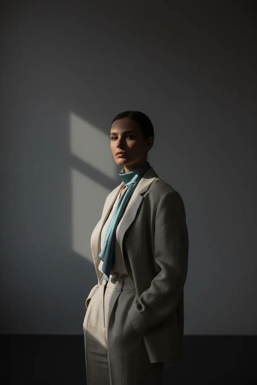 Portrait of a single woman in modern editorial style, centered composition