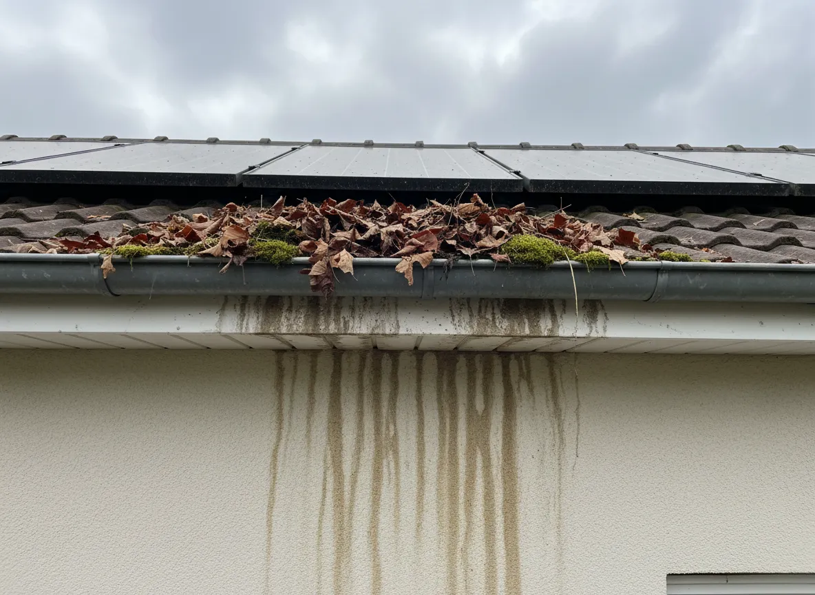 Dachrinne und Fassade vor der Reinigung, stark verschmutzt