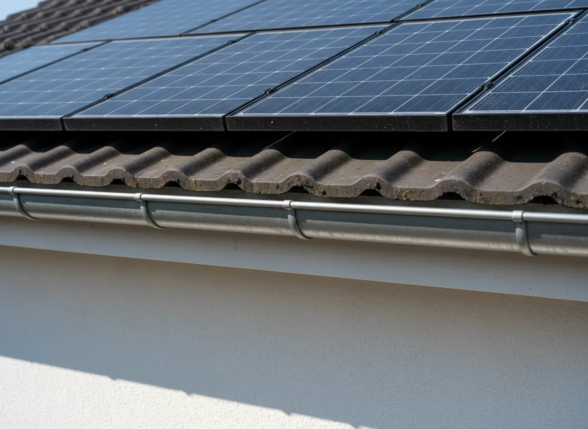 Dachrinne und Solaranlage nach der professionellen Reinigung, sauber und frei