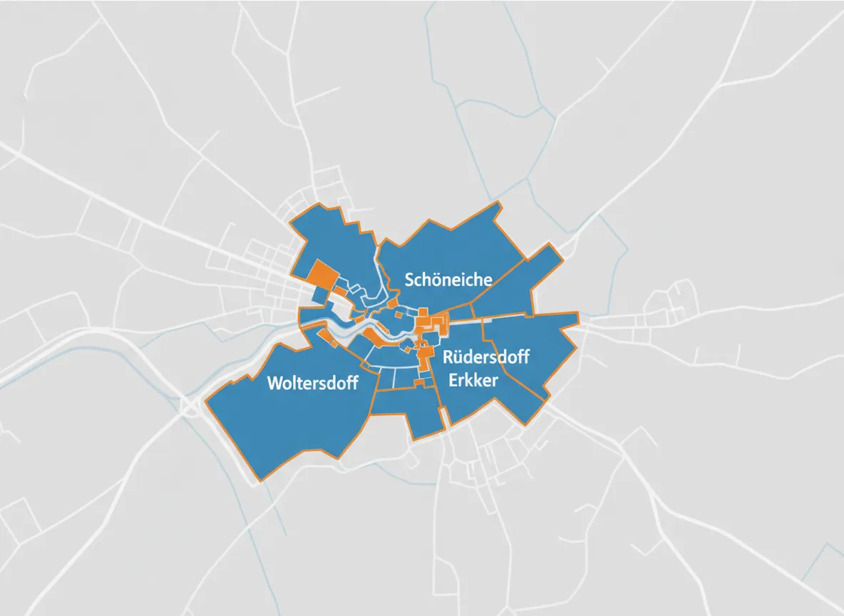 Karte mit markiertem Einsatzgebiet rund um Schöneiche, Woltersdorf, Rüdersdorf und Erkner