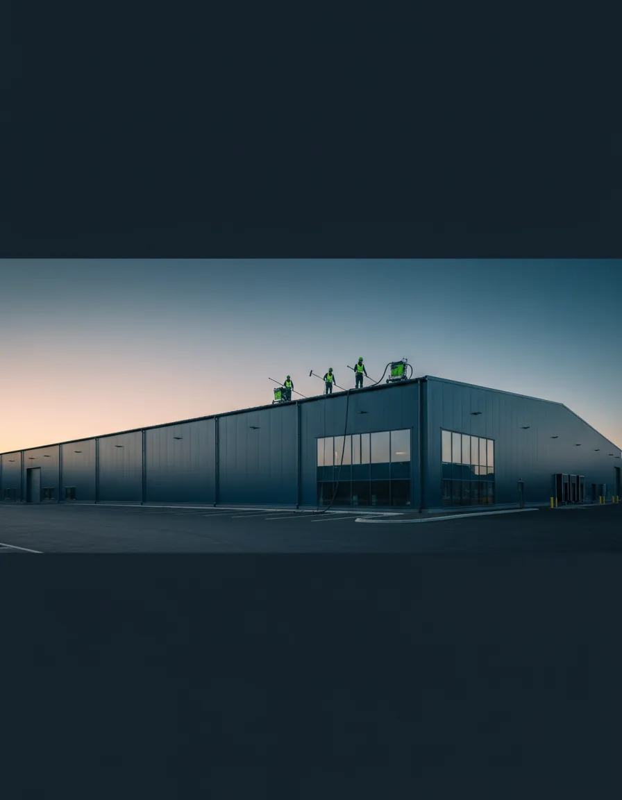 Professionelle Dachrinnenreinigung an einer modernen Gewerbehalle